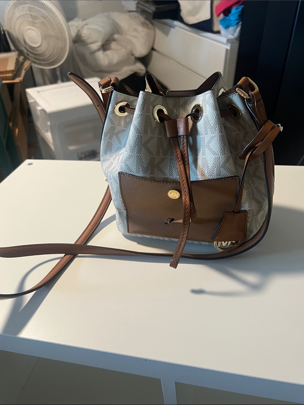 Michael Kors Beige Monogram Canvas and Brown Leather Drawstring Bucket Bag